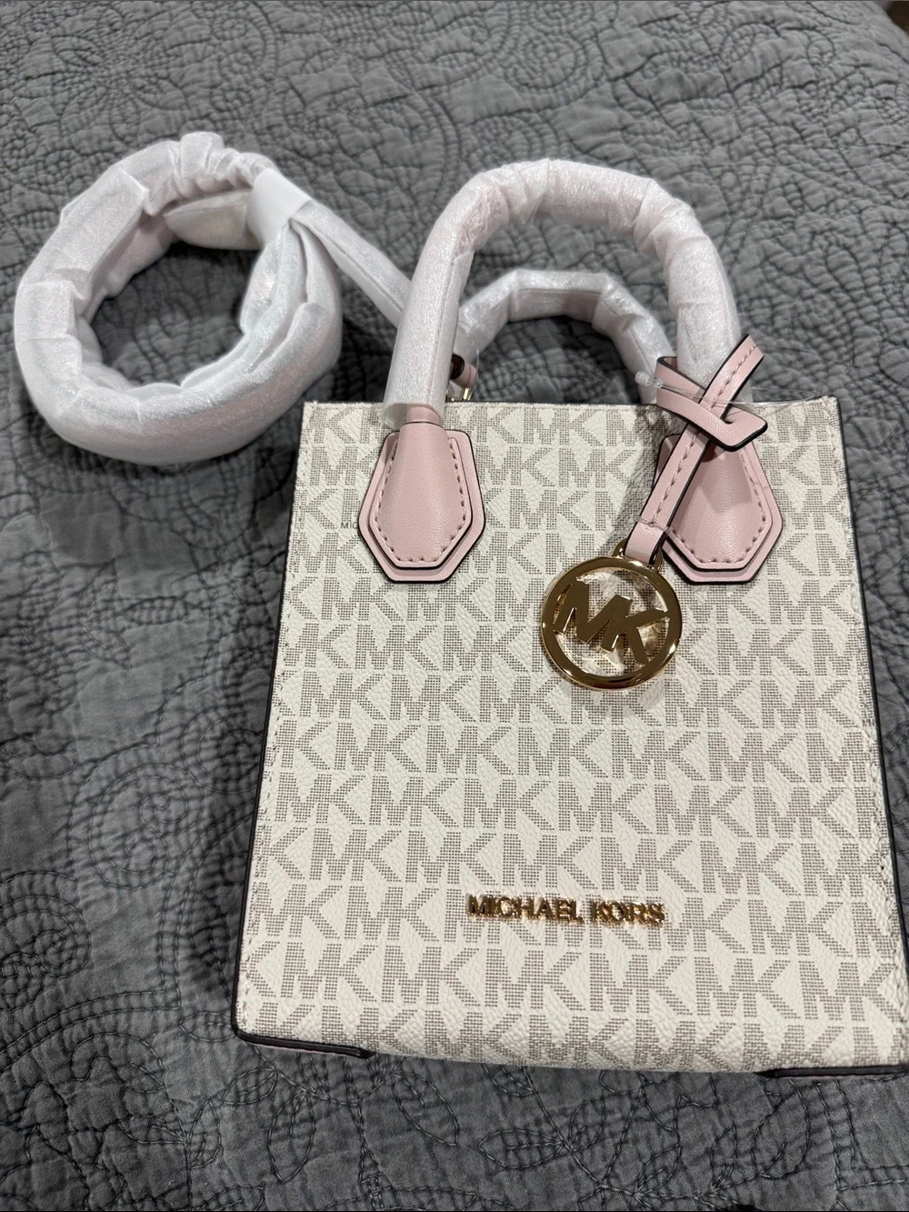 NWT Michael Kors Mercer Cream Monogram Mini Tote with Powdered Blush Trim